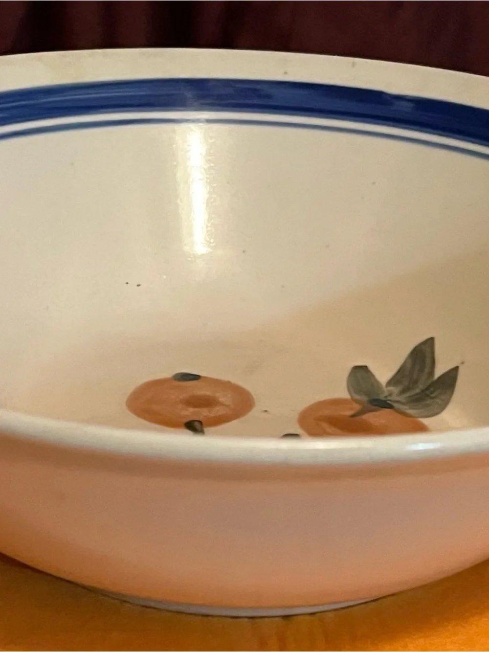Vintage Hand-Painted Blue Rim Ceramic Fruit Serving Bowl - Orange Motif-9”